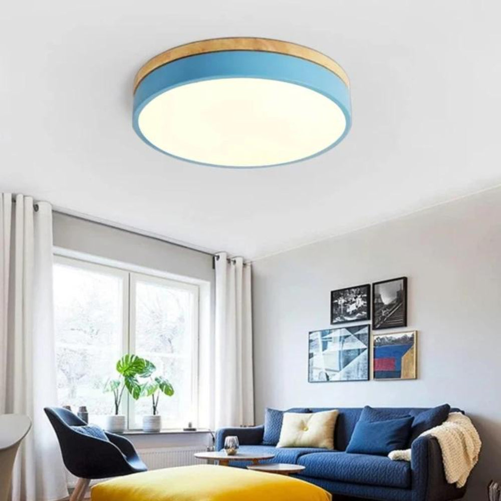 Plafonnier rond en bois clair LED pour salon