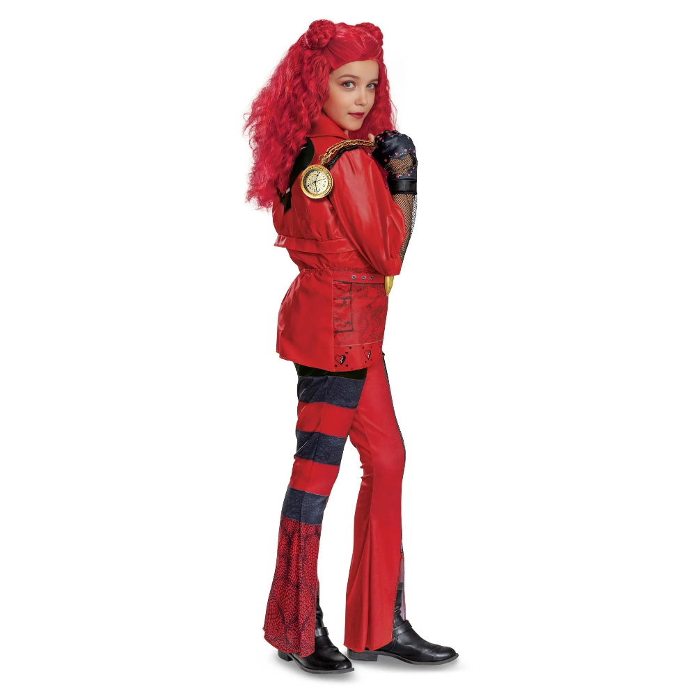 Set costume da bambina con giacca e pantaloni rossi e neri per Halloween e carnevale