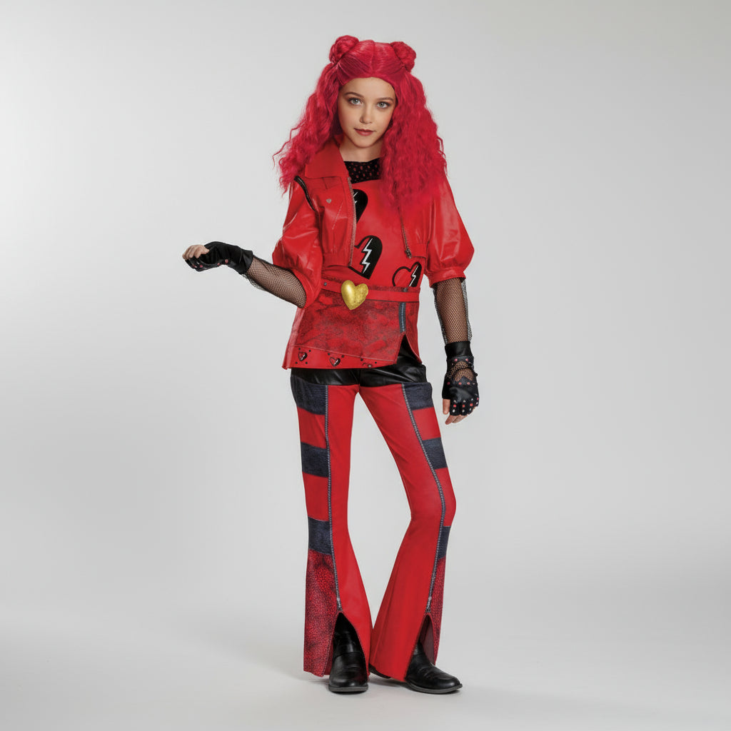 Set costume da bambina con giacca e pantaloni rossi e neri per Halloween e carnevale