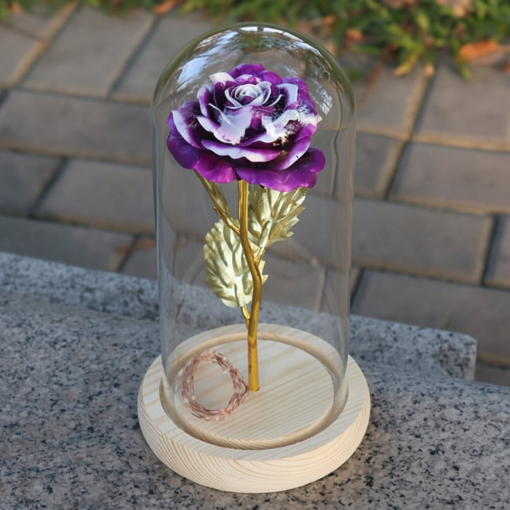 Cloche en Verre LED Rose Éternelle Décoration Socle en Bois