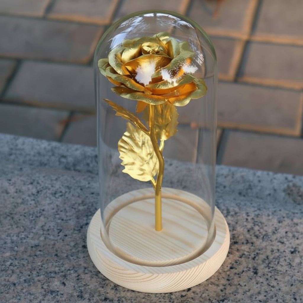 Cloche en Verre LED Rose Éternelle Décoration Socle en Bois