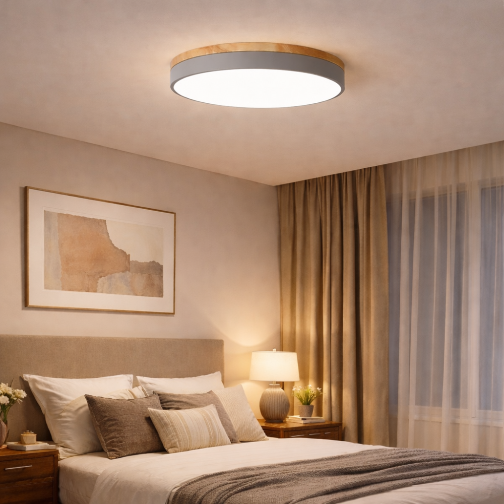 Plafonnier rond en bois clair LED pour salon