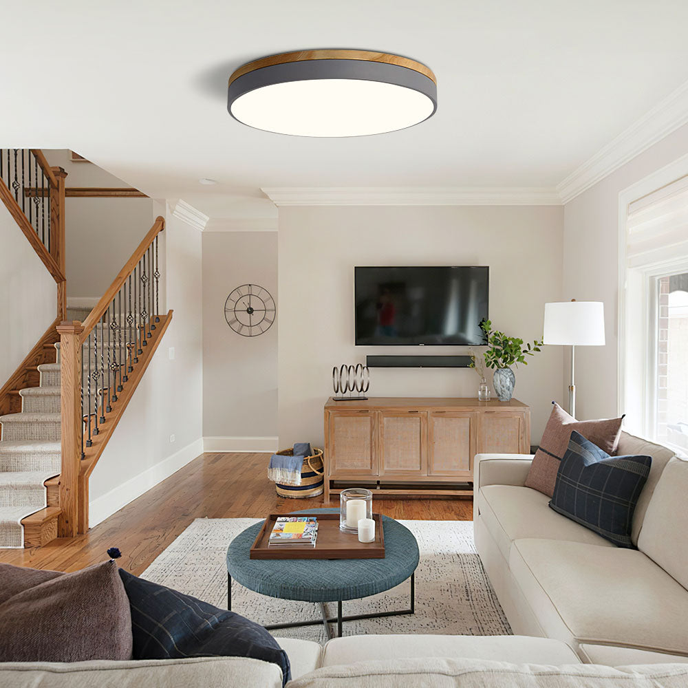 Plafonnier rond en bois clair LED pour salon