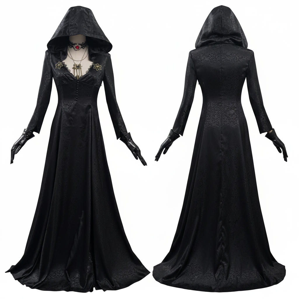 Halloween Kostüm Gothic Schwarzes Kapuzenkleid Damen - Image 1