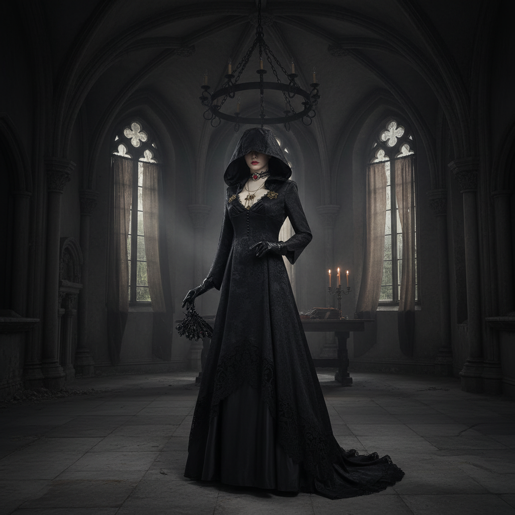 Halloween Kostüm Gothic Schwarzes Kapuzenkleid Damen - Image 3