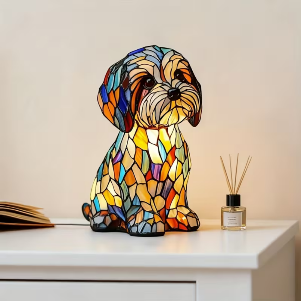 Tischlampe Hund Buntglas LED Dekorative Kunstharz Leuchte