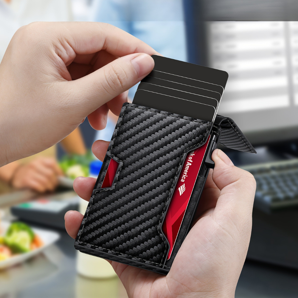 Cartera para hombre slim RFID tarjetero efecto carbono cuero PU