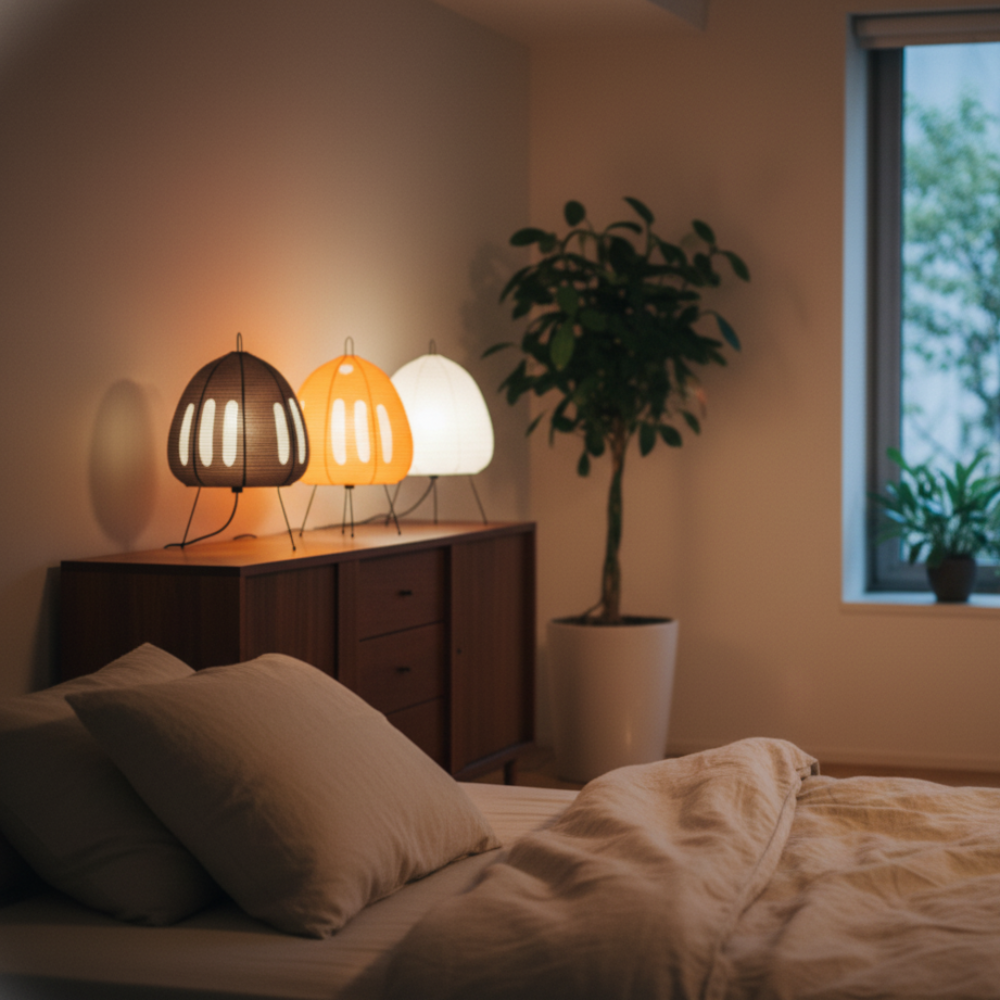 Japanische Reispapier Tischlampe Minimalistische Nachttischleuchte mit Eisenfuß