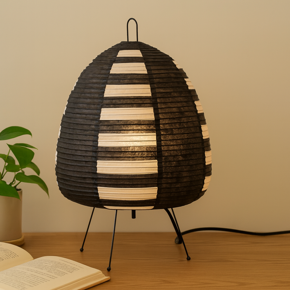 Japanische Reispapier Tischlampe Minimalistische Nachttischleuchte mit Eisenfuß