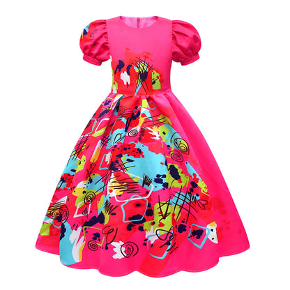 Robe fille à manches bouffantes colorée Robe de fête polyester