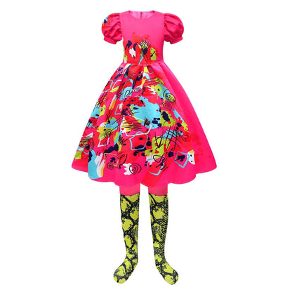 Robe fille à manches bouffantes colorée Robe de fête polyester