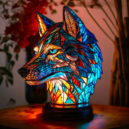 Bunte Wolfskopf-Tiffany-Lampe, Glas, LED, dekorative Beleuchtung, Wohnzimmer, Kunsthandwerk.