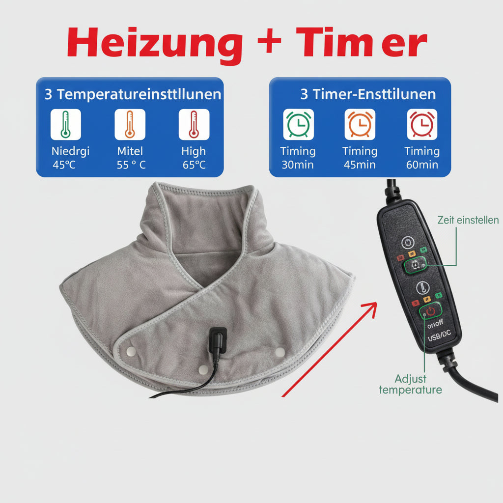 Wärme-Nacken- & Schultermassager ThermoLiva | USB-Heizkissen mit Vibration | 3 Temperaturstufen & Timer | Weicher Plüsch - Image 7