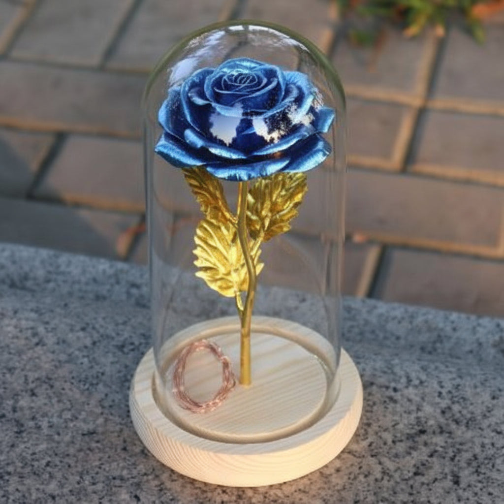 Cloche en Verre LED Rose Éternelle Décoration Socle en Bois