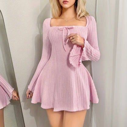 Damen Langarm Kleid Rippstrick Strickkleid Figurbetont Herbst