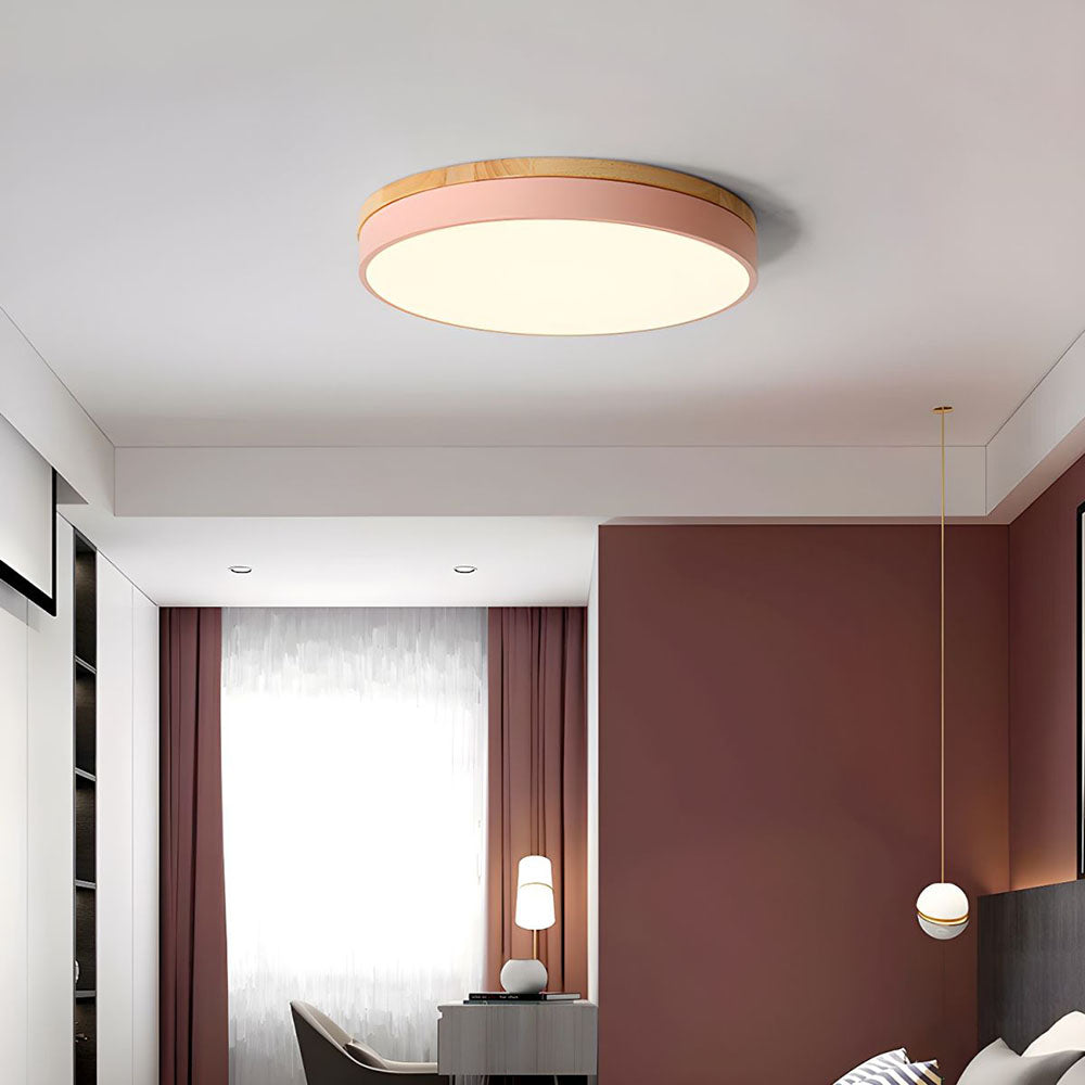 Plafonnier rond en bois clair LED pour salon