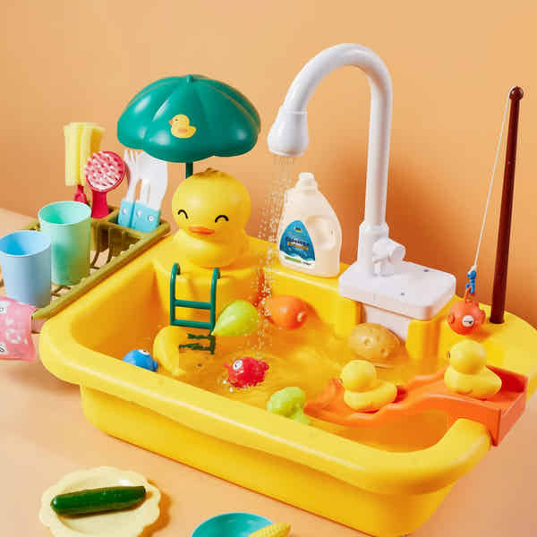 Cute Stone Küchenspüle Spielzeug-Set Mit Fließendem Wasser – 3-in-1 Mit Geschirr, Obstschneiden, Angelspiel &