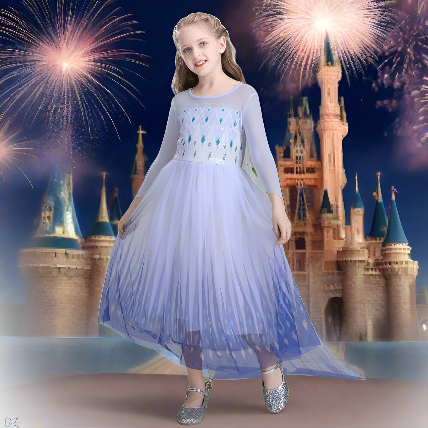 Vestido de princesa para niña azul y blanco disfraz