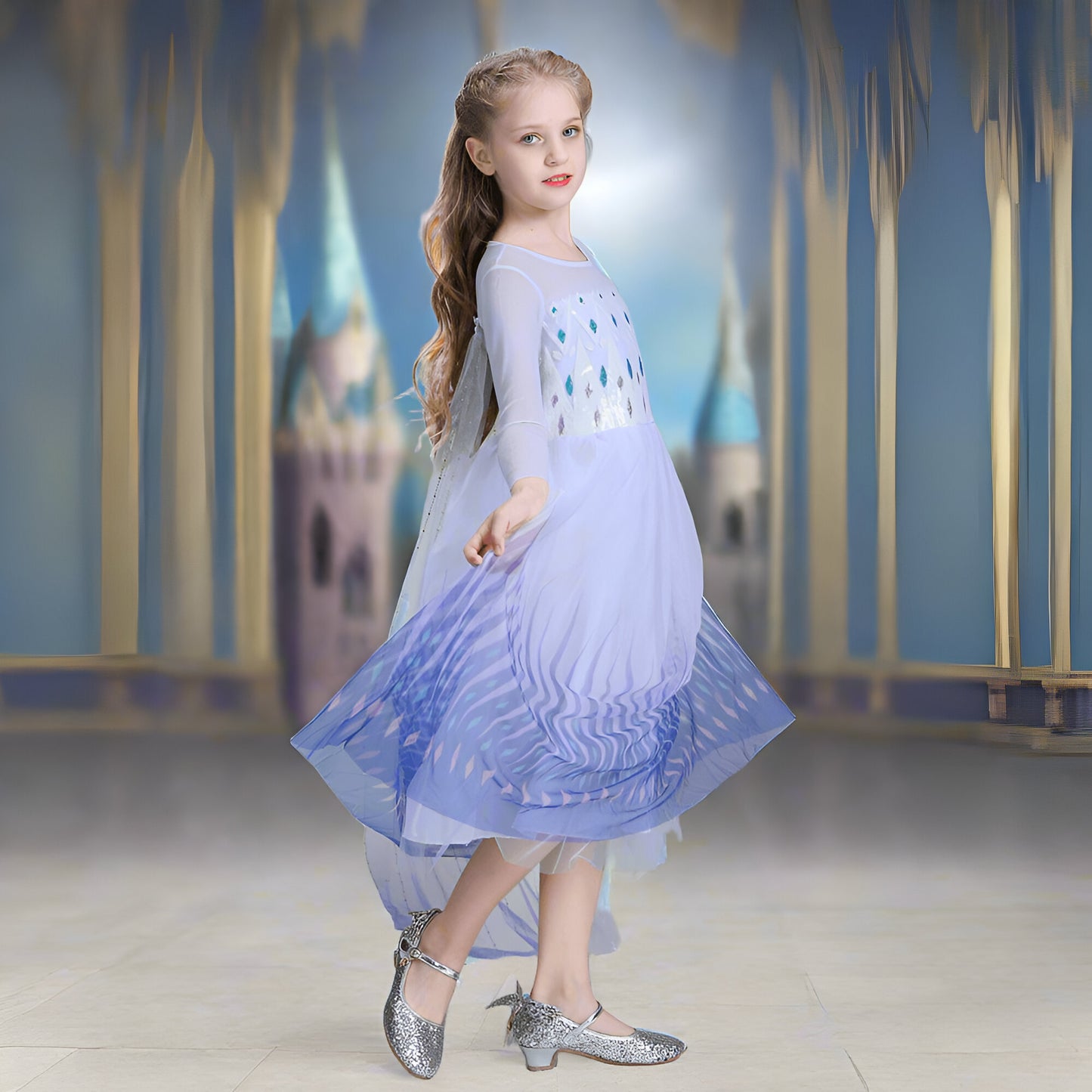 Vestido de princesa para niña azul y blanco disfraz