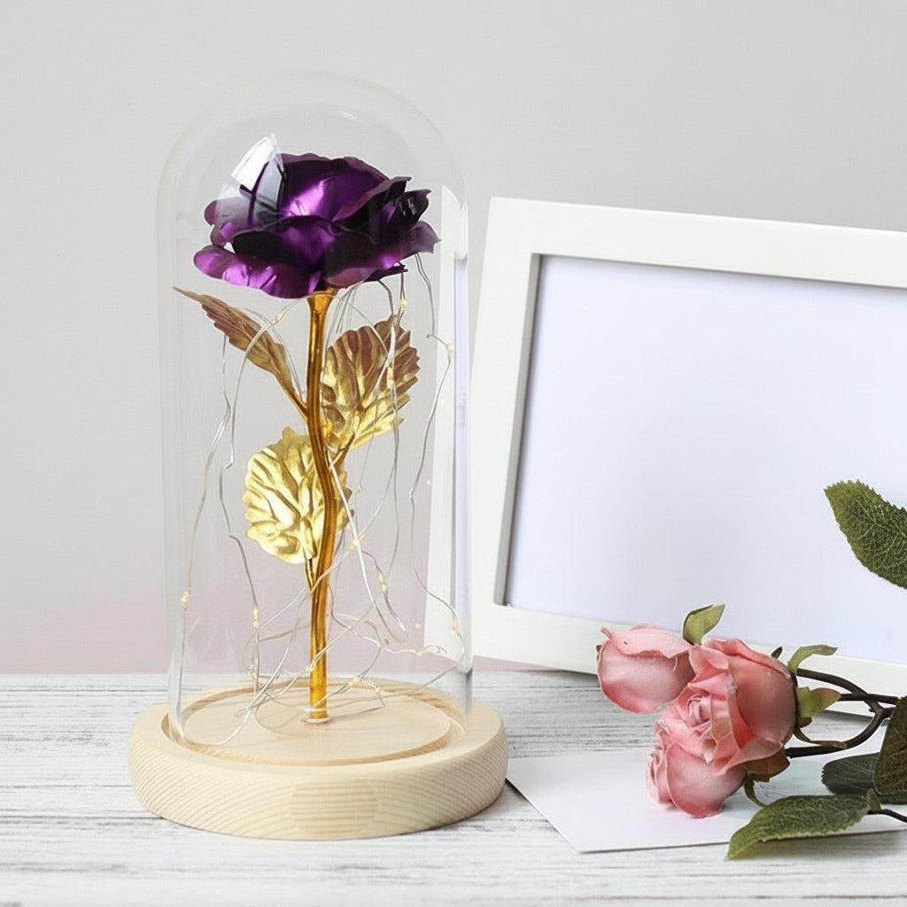 Cloche en Verre LED Rose Éternelle Décoration Socle en Bois