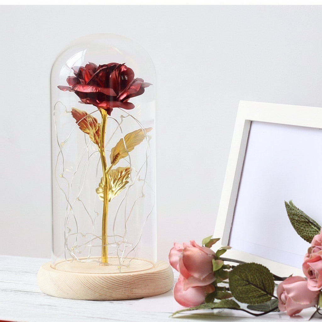 Cloche en Verre LED Rose Éternelle Décoration Socle en Bois