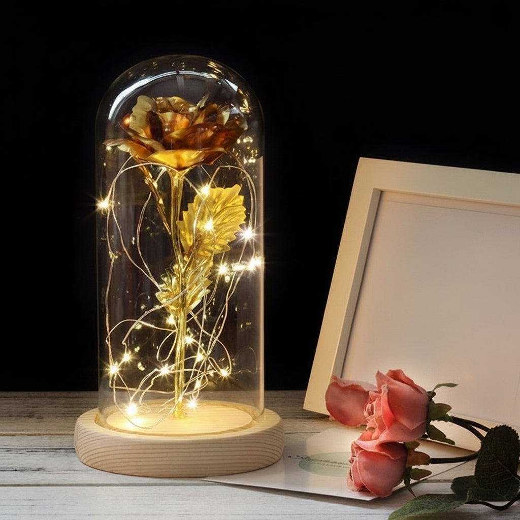 Cloche en Verre LED Rose Éternelle Décoration Socle en Bois