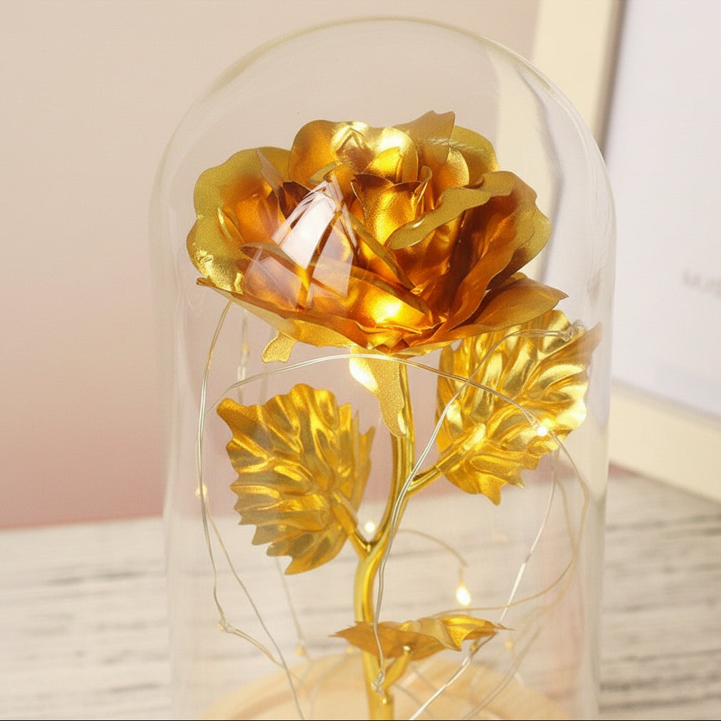 Cloche en Verre LED Rose Éternelle Décoration Socle en Bois