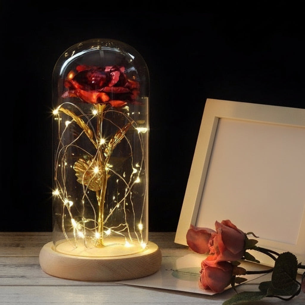 Cloche en Verre LED Rose Éternelle Décoration Socle en Bois