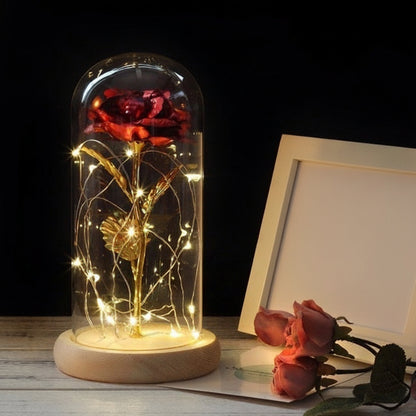 Cloche en Verre LED Rose Éternelle Décoration Socle en Bois
