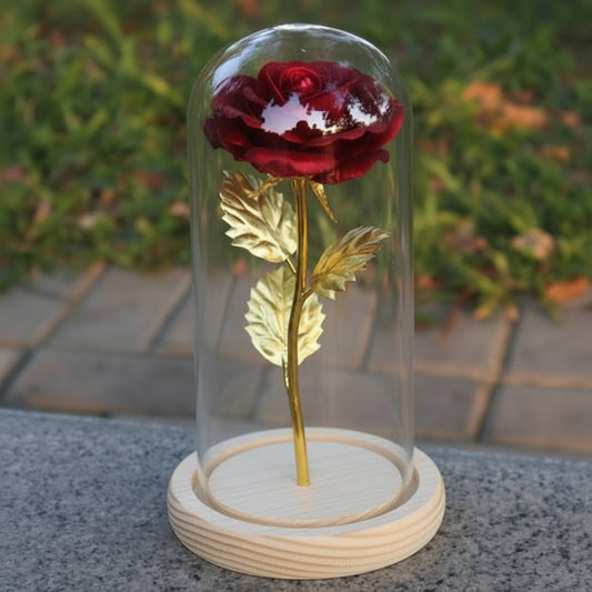 LED Glass Dome Eternal Rose Decoration Wooden Base