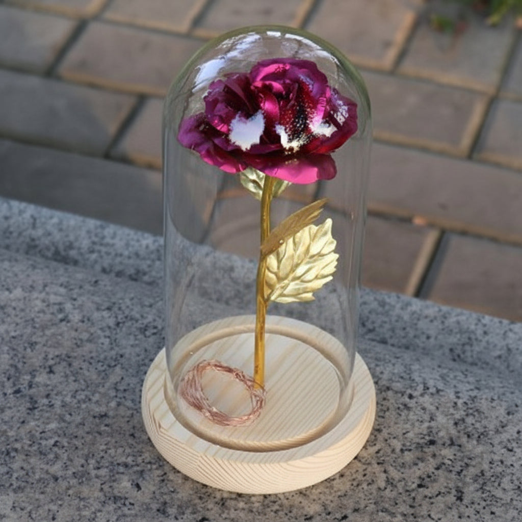 Cloche en Verre LED Rose Éternelle Décoration Socle en Bois