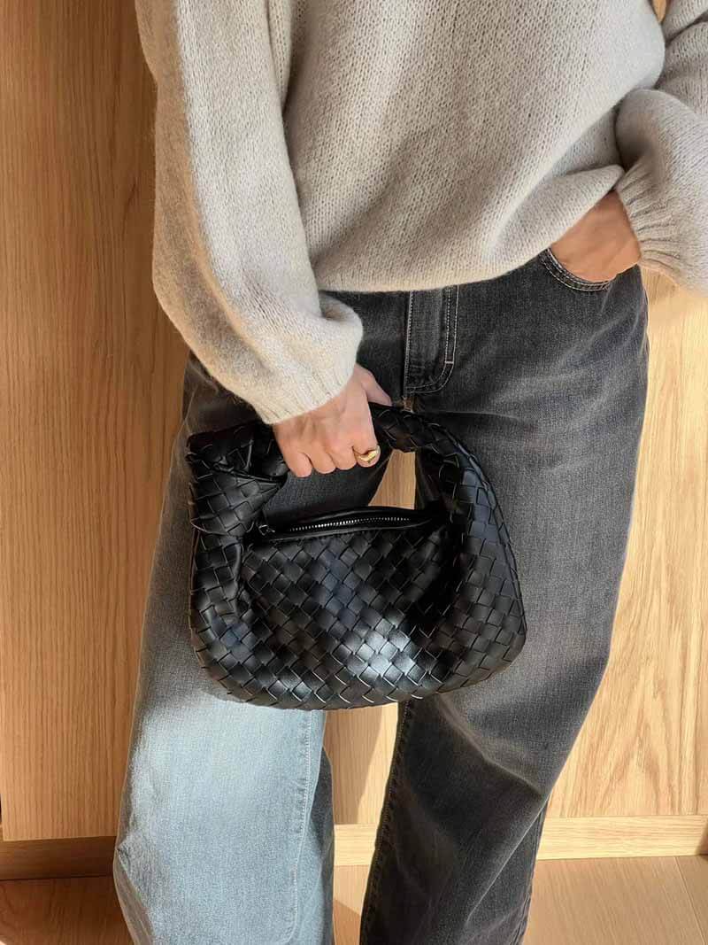 Handtasche Damen Geflochten Veganleder Schwarz