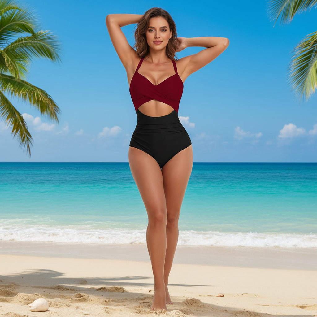 Maillot Bain Femme Une Pièce Croisé Push Up Confort Natation