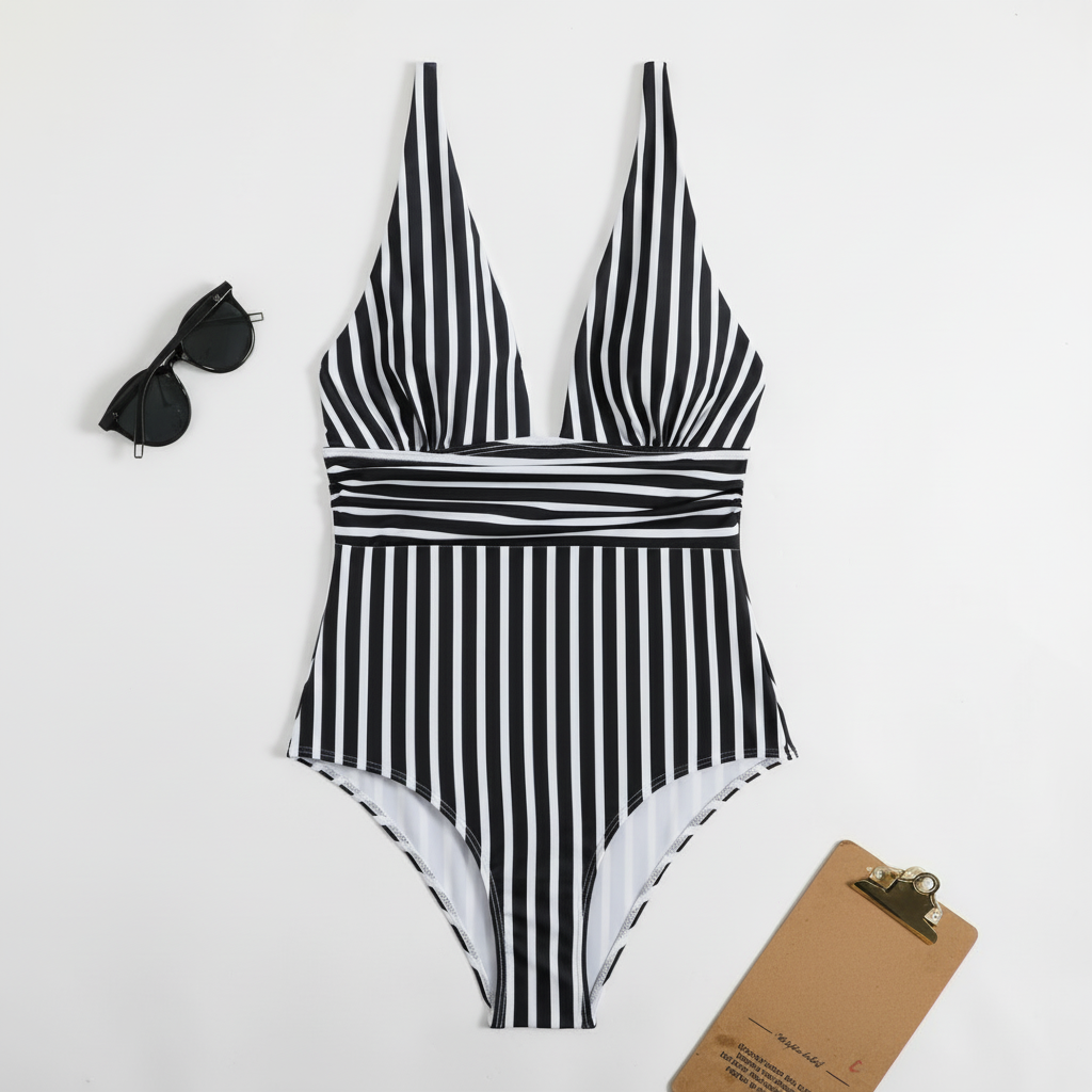 Costume Da Bagno Intero Donna Righe Scollo V