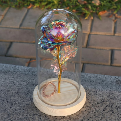 Cloche en Verre LED Rose Éternelle Décoration Socle en Bois
