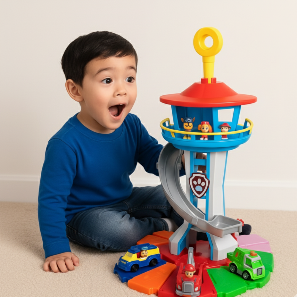 Children's toy play tower with slide vehicles plastic set